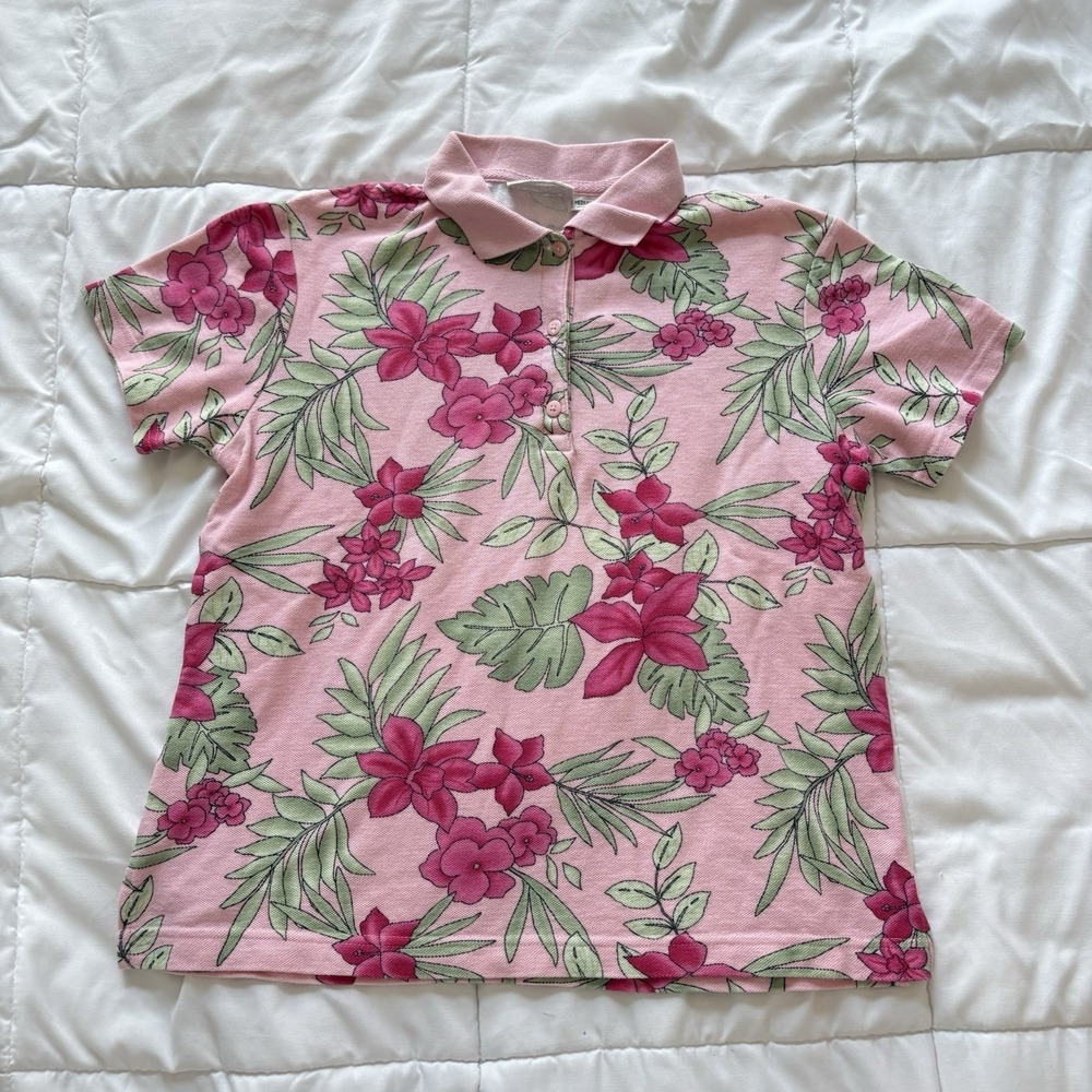 Vintage 90s Polo Floral T Shirt Womens Medium Pink Golf Tennis 100% Cotton Y2K